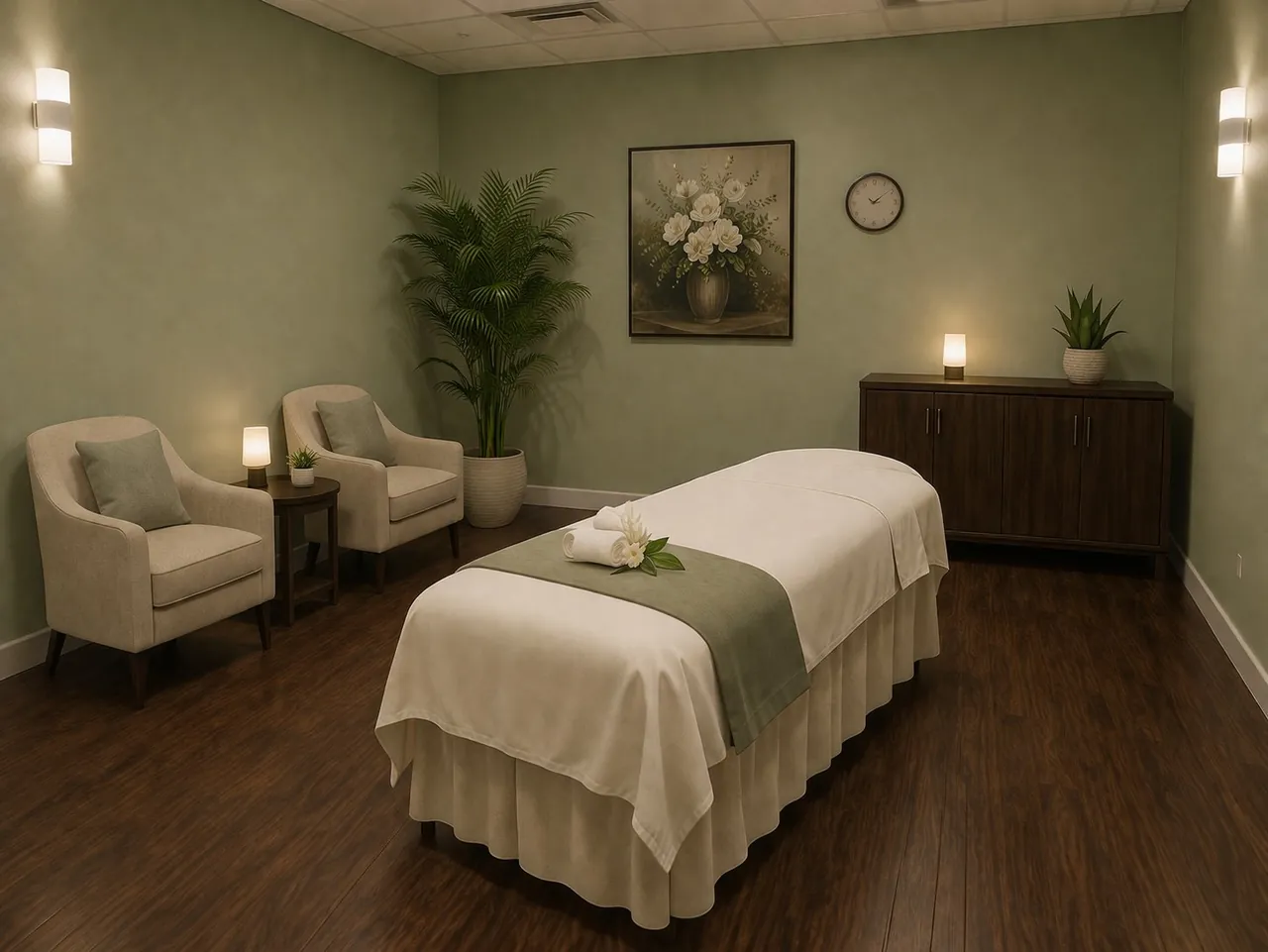 Clean massage room with fresh towels and warm lighting at Yes SPA in Las Vegas, NV