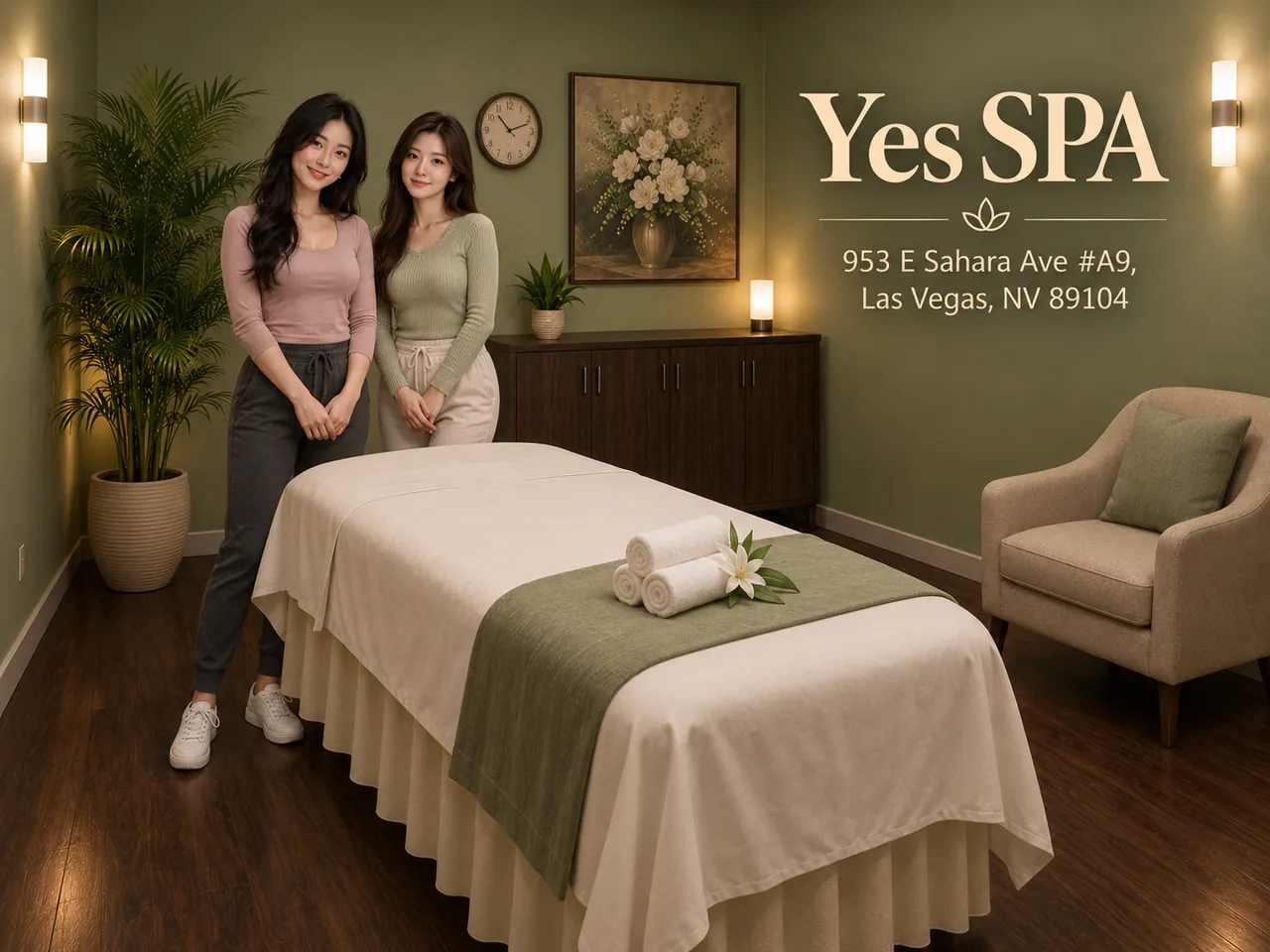 Two staff members in a clean private room at Yes SPA in Las Vegas, NV