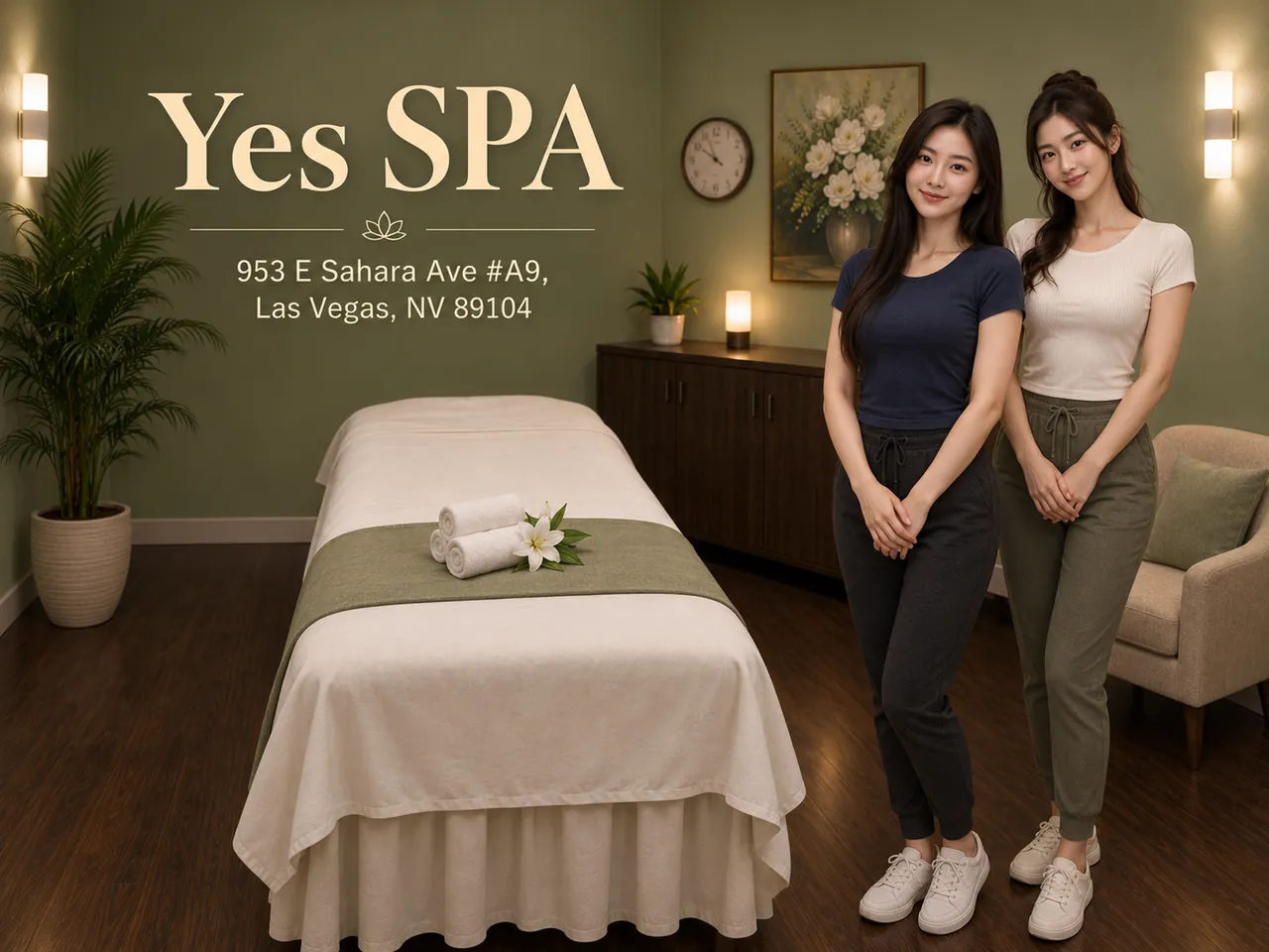 Two staff members beside a clean massage table at Yes SPA in Las Vegas, NV
