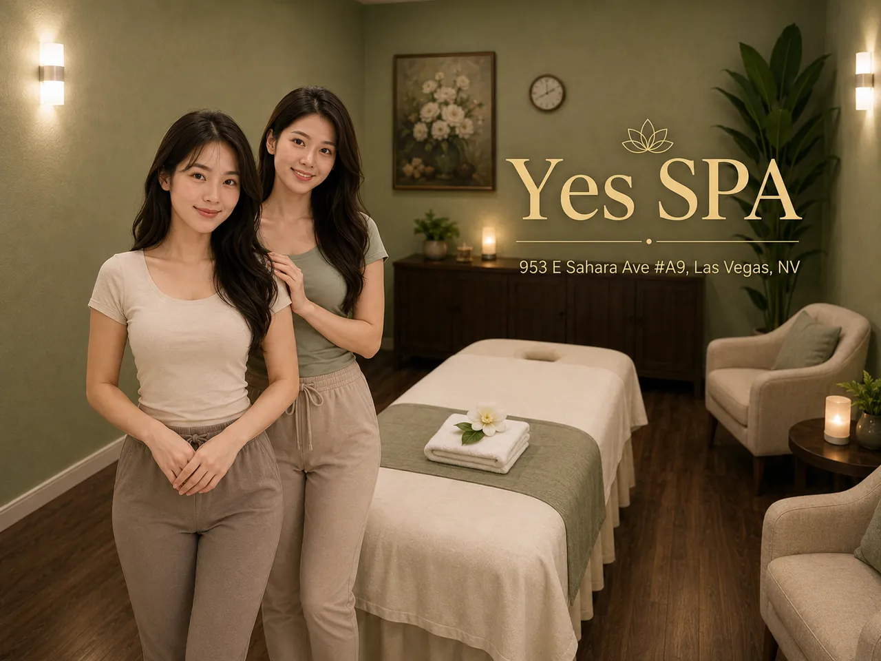 Two staff members beside a clean massage table at Yes SPA in Las Vegas, NV