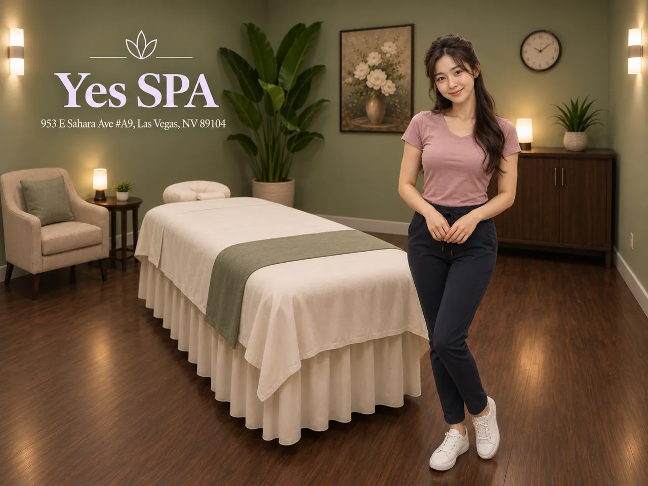 Staff member ready in a quiet private room at Yes SPA in Las Vegas, NV