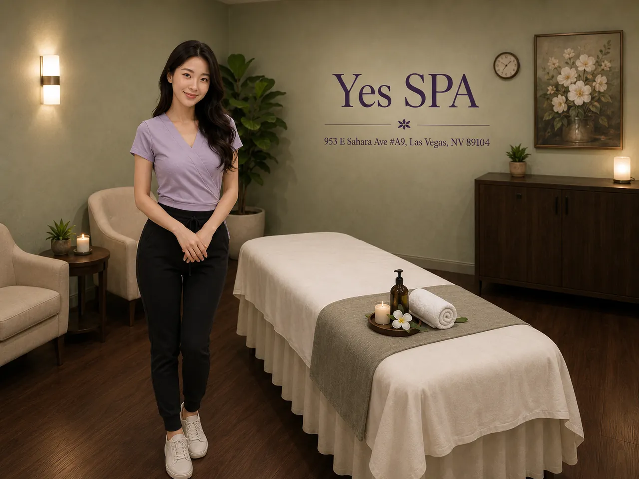Staff member beside a table set with towels at Yes SPA in Las Vegas, NV