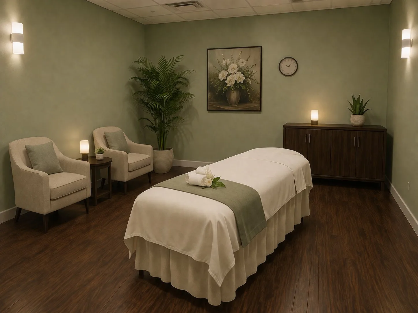 Cozy private spa room with sage green walls inside Yes SPA Las Vegas